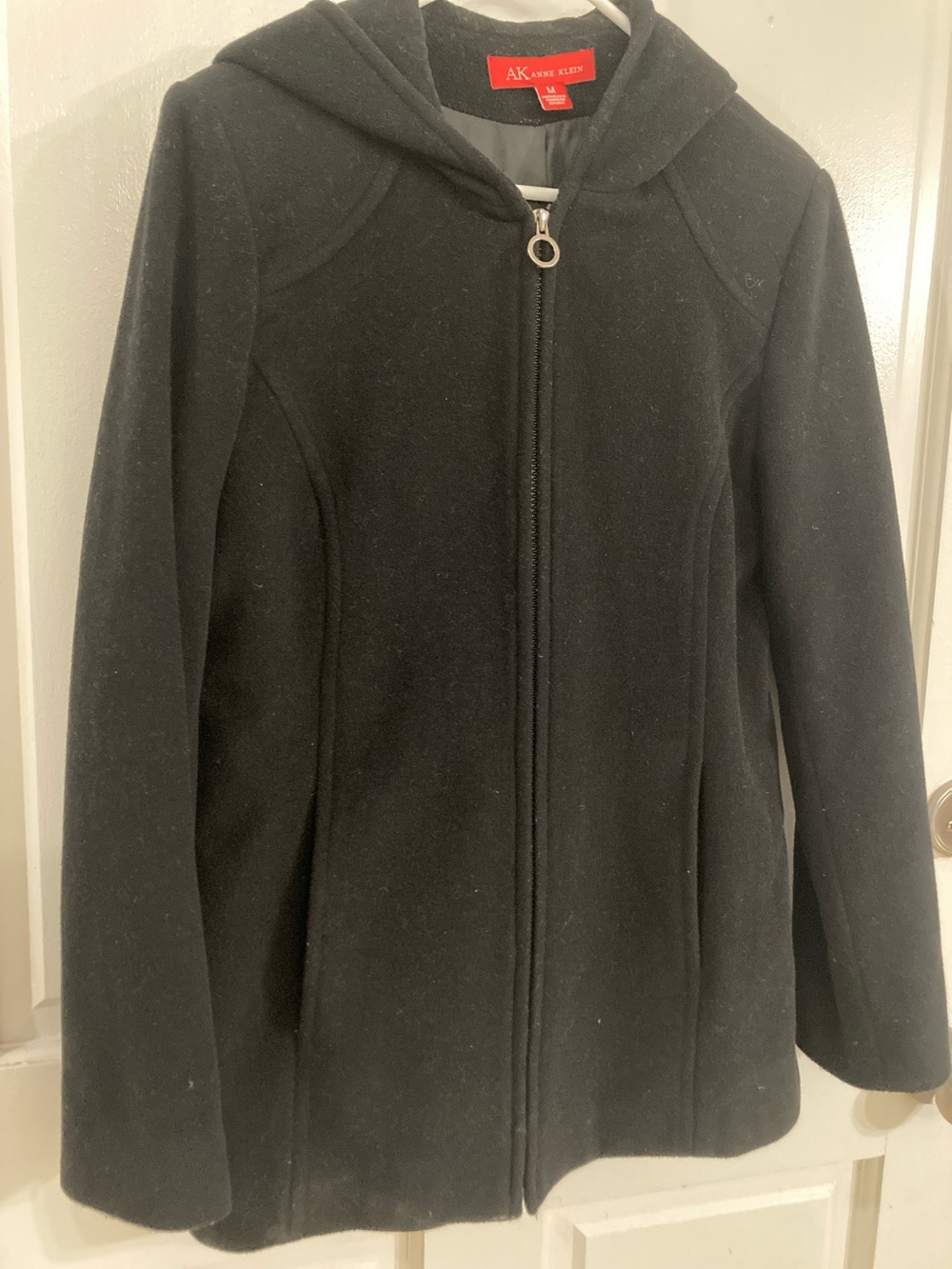 Anne Klein Black Hooded Zip-Up Pea Coat